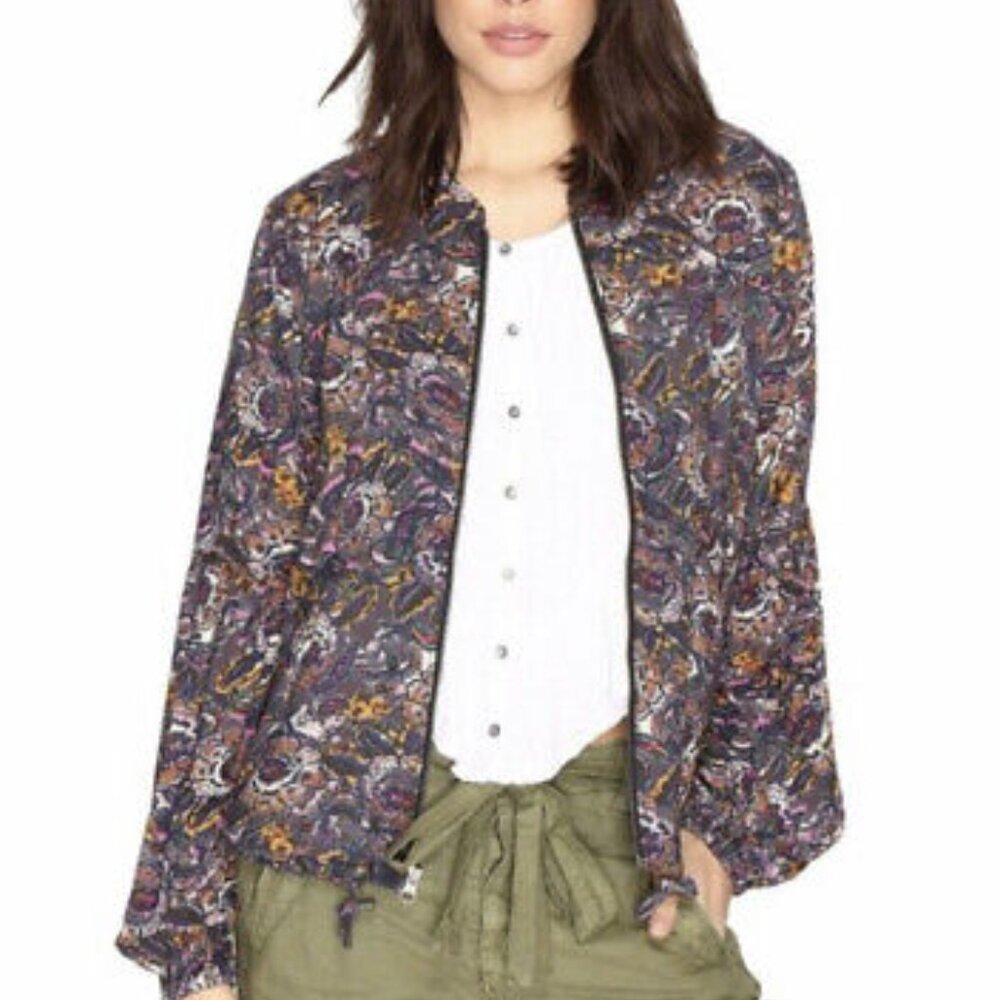 Free People Soft Balloon Sleeve Bomber Style Plum Floral Boho Jacket Size Large